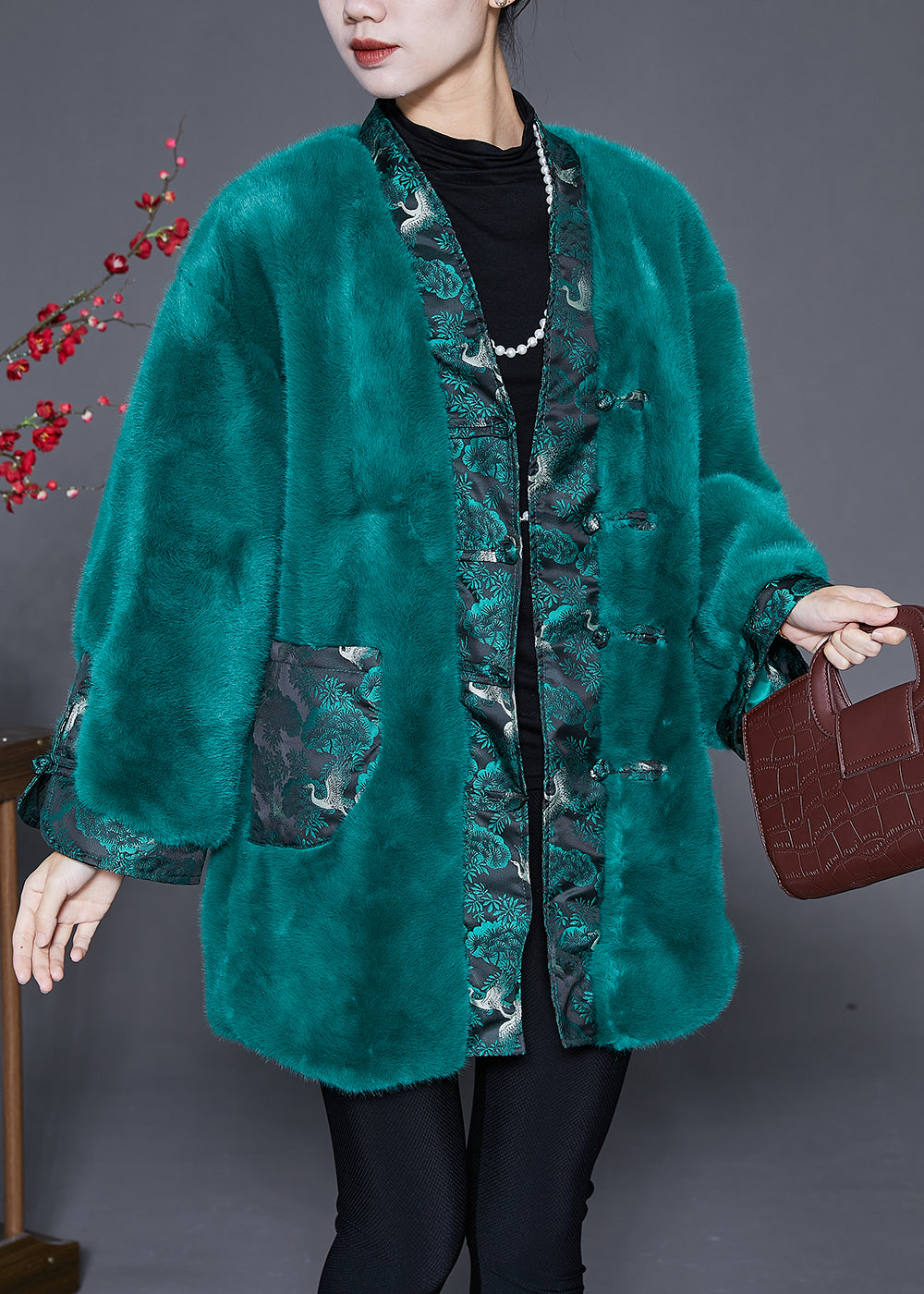 Peacock Green Oversized Patchwork Faux Fur Coats Winter