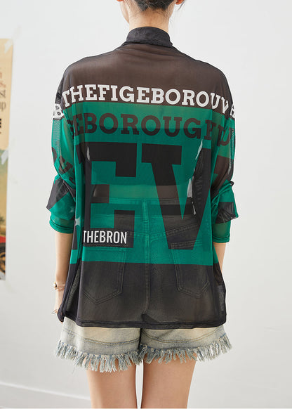 Green Turtle Neck Letter Print Tulle Tops Fall