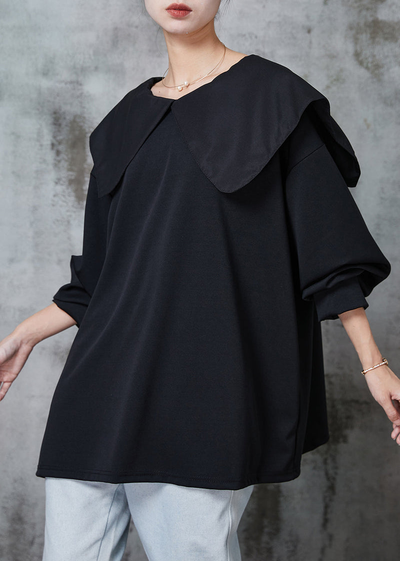 Black Peter Pan Collar Bow Cotton Shirt Top Spring