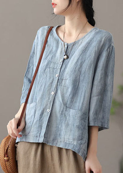 Blue O-neck Button Linen Shirt Top Bracelet Sleeve