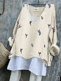 Comstylish Lavender Floral Embroidery Pattern Linen Blend Tunic