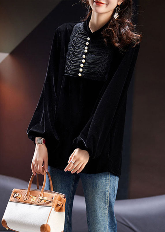 Vogue Black O-neck Nail Bead Patchwork Silk Velour Top Fall