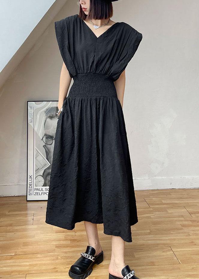 Black Cinched V Neck Sleeveless Summer Maxi Dresses