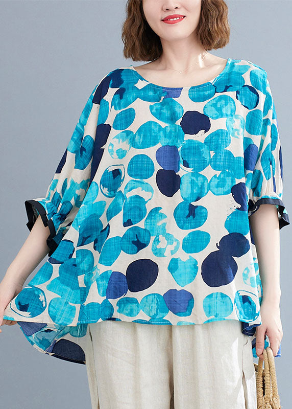 Blue O-neck Ruffled Dot Print Cotton Loose Blouses Short Sleeve