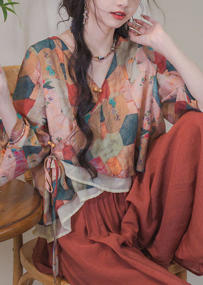 Colorblock Asymmetrical Design Print Lace Up Patchwork Shirt Top Summer