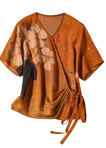 Orange V Neck Asymmetrical Design Tie Waist Print Silk Tops Summer