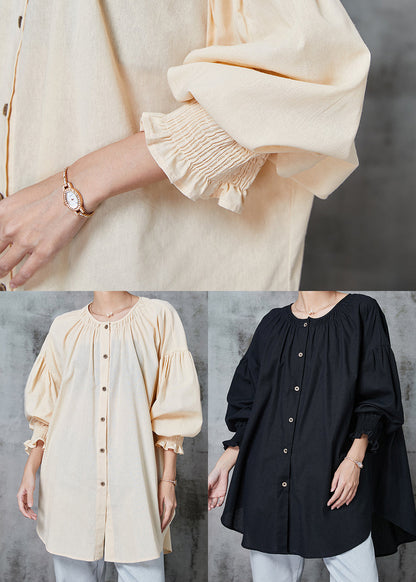 Black Oversized Cotton Shirts O-neck Lantern Sleeve