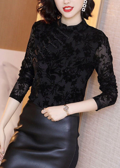 Black Stand Collar Embroideried Lace Top Fall