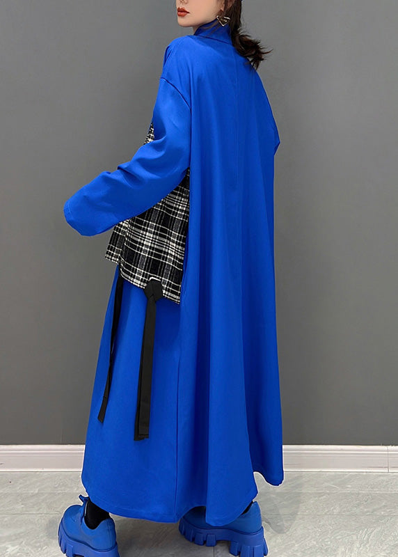 Blue Peter Pan Collar Zippered Patchwork Tassel Maxi Coat Spring