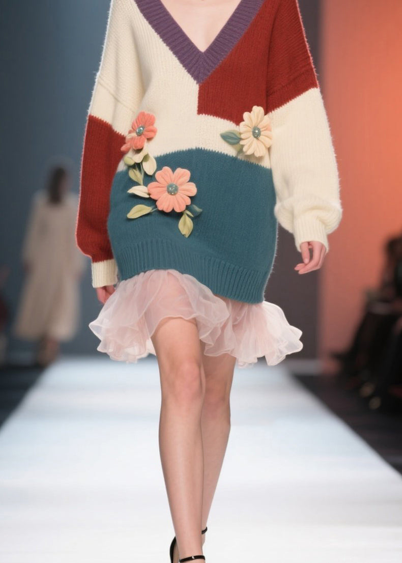 Colorblock V Neck Tulle Knit Sweater Dress Fall