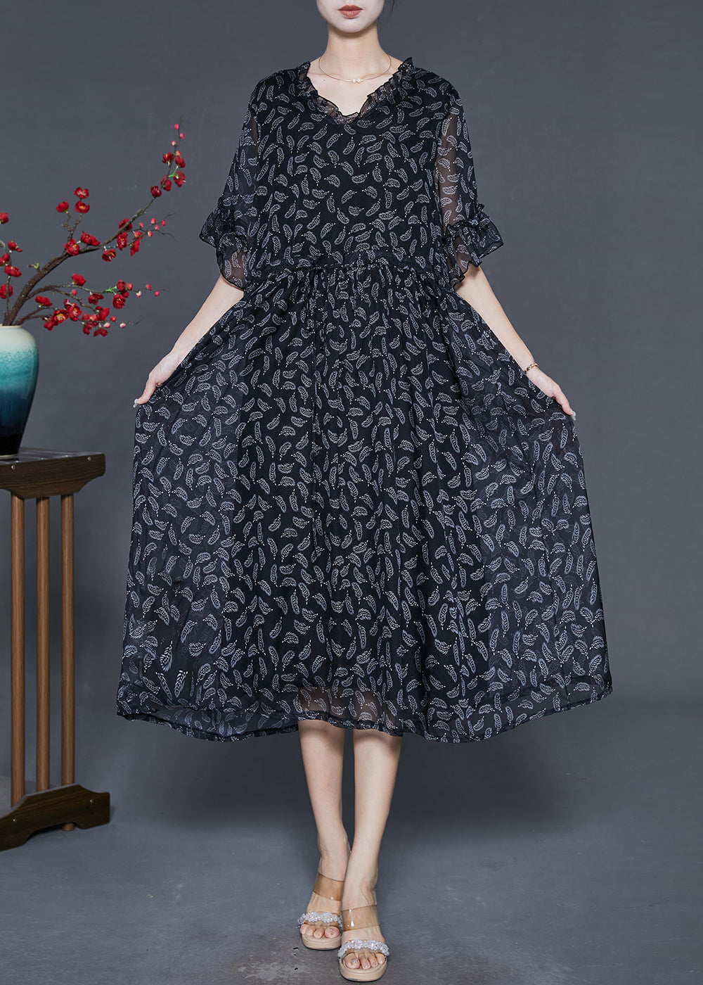 Black Cinched Print Chiffon Long Dresses Summer