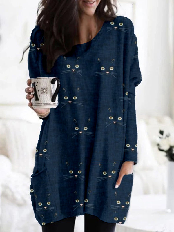 Cute Cat Face Pattern Patch Pocket Comfy Tunic elevenforest