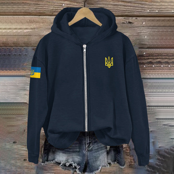 Comstylish Women Support Ukrainian Trident Symbol Zip Hoodie