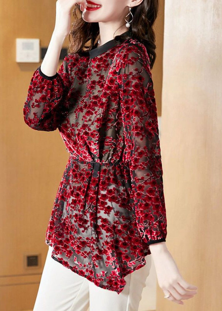 Retro Red Wrinkled Hollow Out Silk Velour Top Spring