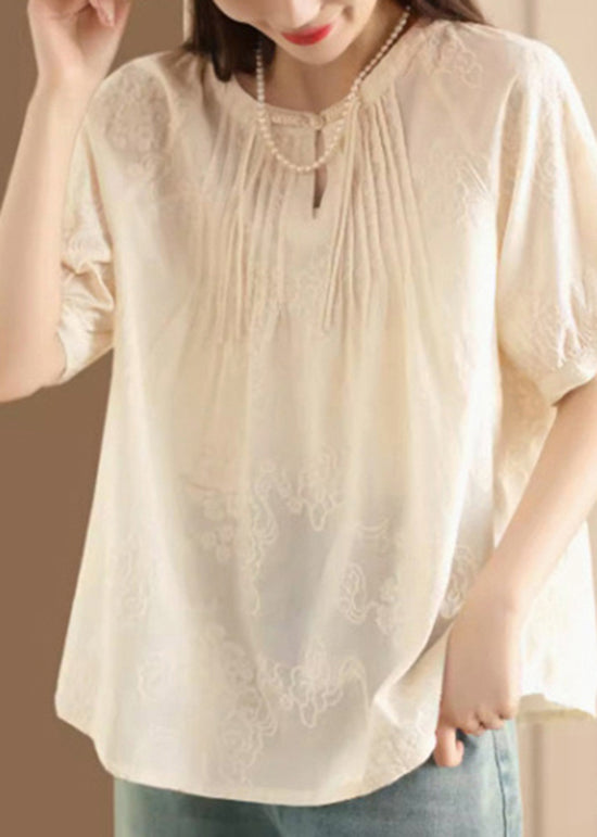 Apricot Embroidered Puff Sleeve Cotton Blouse Top