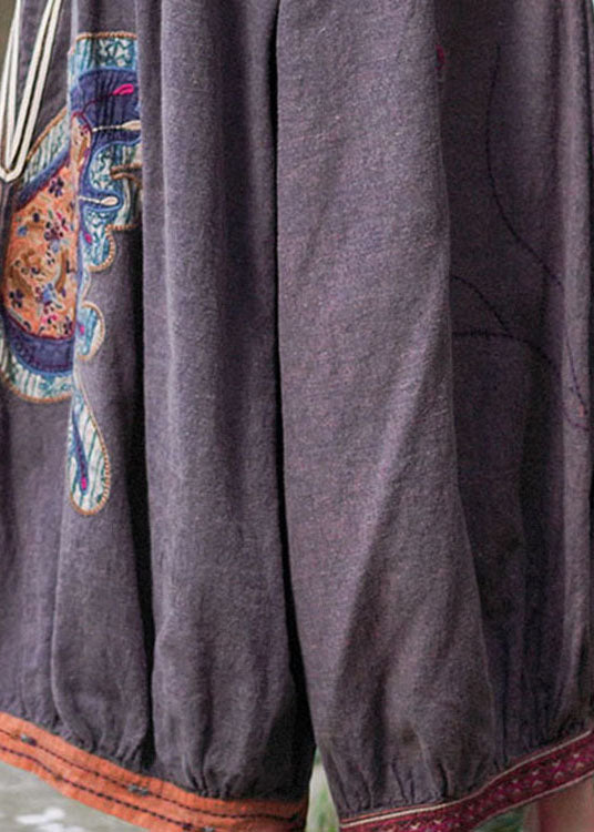 Purple Retro Embroideried Oriental Lantern Fall Pants Trousers
