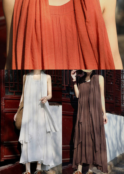Orange Original Design Linen Spaghetti Strap Dress and Shawl Two Pieces Set Summer
