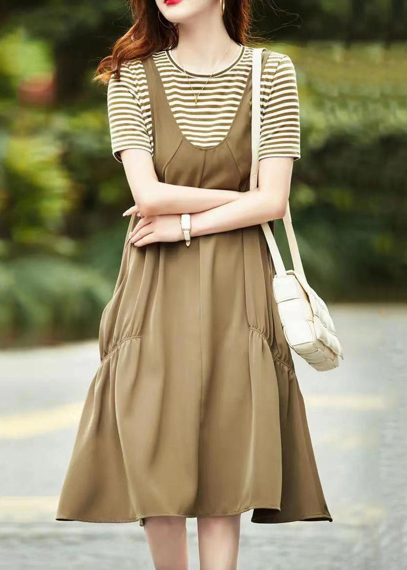 Khaki O Neck Pockets Patchwork Cotton Dresses Summer