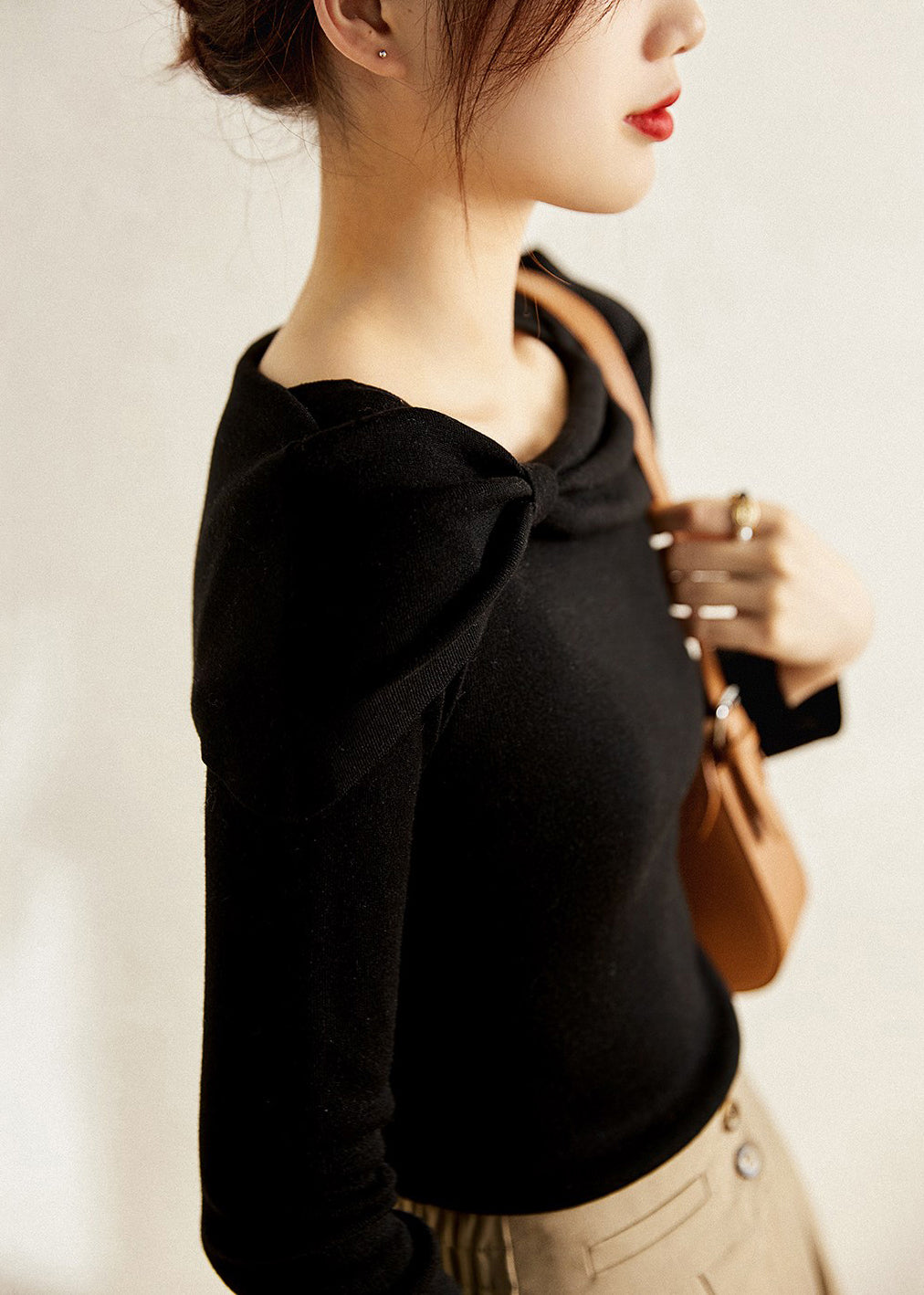 White Square Collar Bow Patchwork Cotton Knit Tops Fall