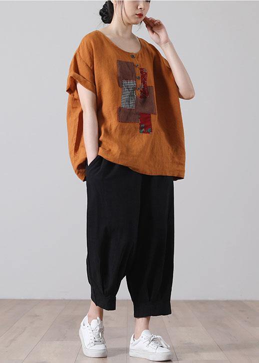 Black Patchwork Shirt Short Sleeve Cotton Linen