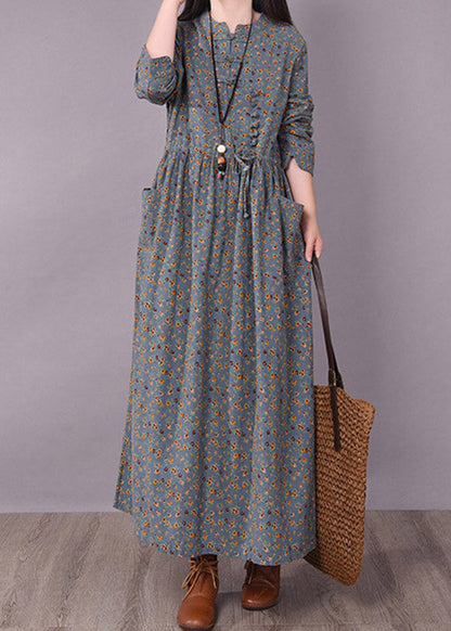 Art O-neck Print Button Wrinkled Tie Waist Dresses Long Sleeve