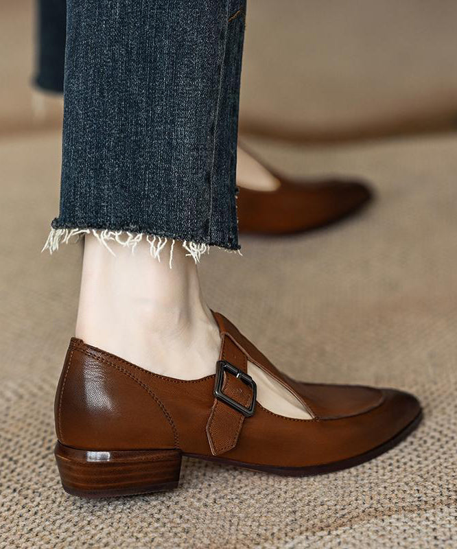 Brown Sheepskin Splicing Buckle Strap Flats Shoes
