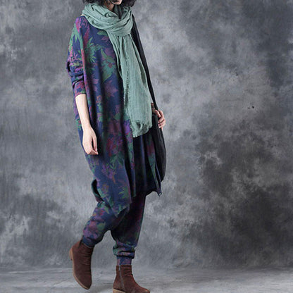 Blue Loose O-neck Side Open Fall Print Two Pieces Set Long Sleeve