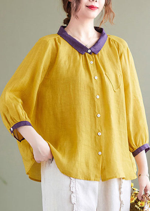 Yellow Peter Pan Collar Patchwork Linen Shirt Top Bracelet Sleeve