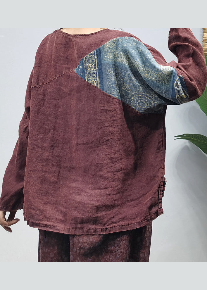 Fine Mulberry Side Open Patchwork Linen Blouses Long Sleeve