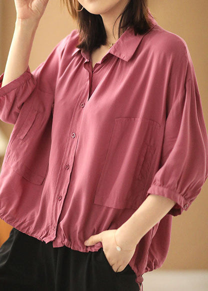 Rose Peter Pan Collar Drawstring Pockets Shirt Top Bracelet Sleeve