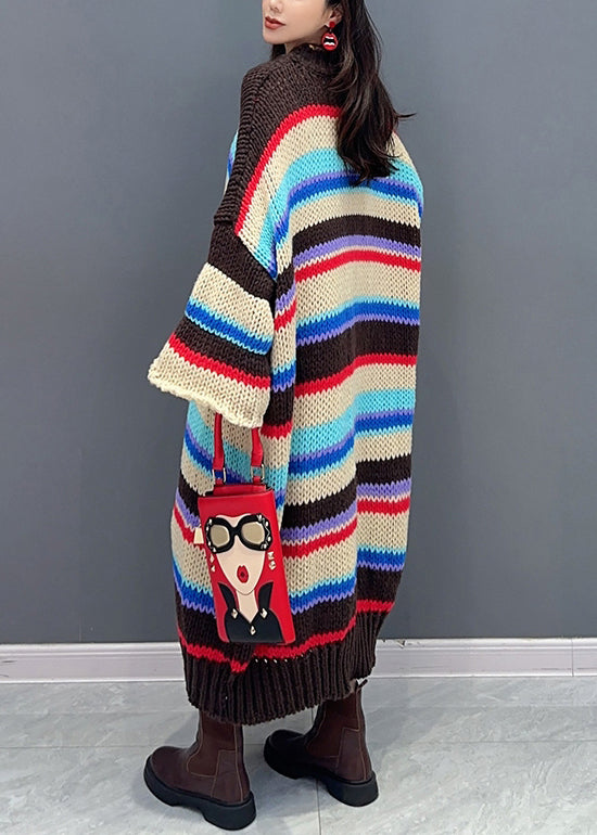 Loose Striped O-neck Hollow Out Patchwork Knit Dresses Fall