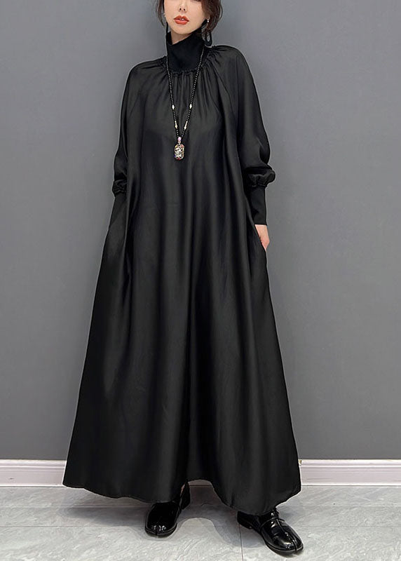 Black High Neck Oversized Silk Long Dress Spring