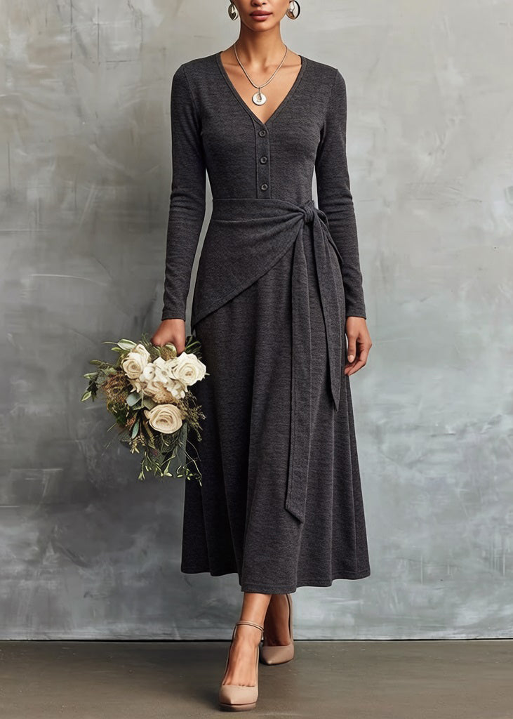 Slim Fit Grey V Neck Tie Waist False Two Pieces Knitting Cotton Dress Spring
