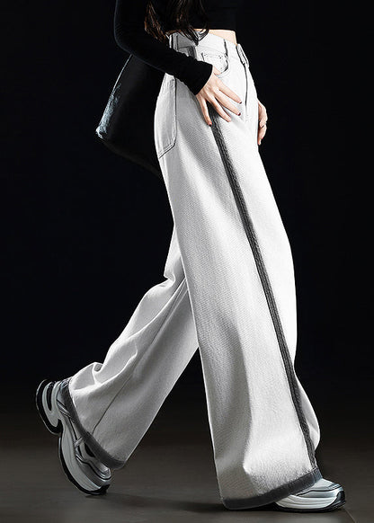 Grey White Pockets Patchwork Denim Wide Leg Pants Spring