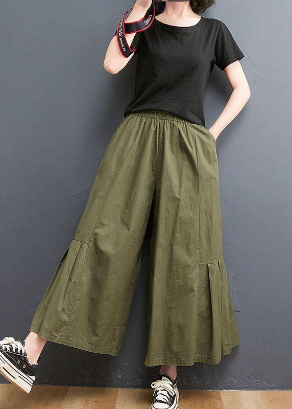 Army Green Elastic Waist Wide Leg Pants Trousers Summer Cotton