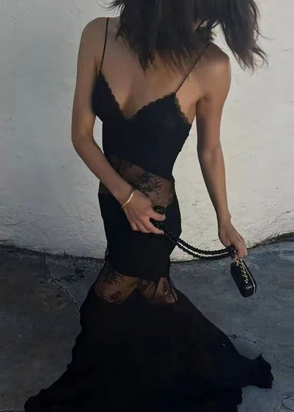 Boutique Black Lace Patchwork Silk Spaghetti Strap Dress Summer