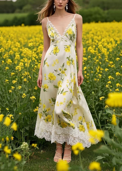 Stylish Yellow Patchwork Lace Chiffon Cami Dress Summer