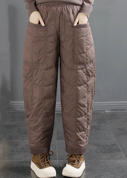 Simple Brown Pockets Warm Duck Down Pants Winter