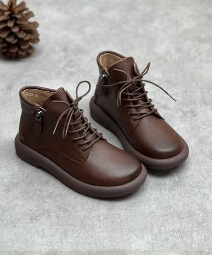 Cowhide Leather Boots Zippered Cross Strap Flat Boots