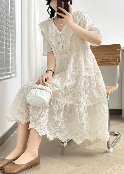 White V Neck Button Ruffled Cotton Dress Summer