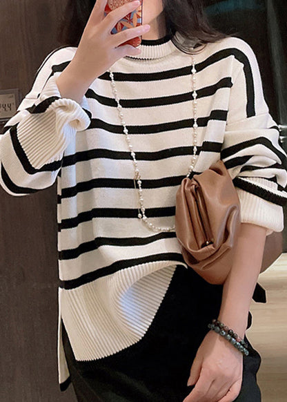 Black Hign Neck Striped Versatile Knitted Sweaters Winter