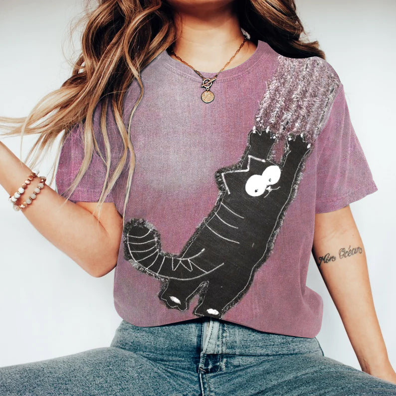 Comstylish Retro Fun Lovely Black Cat Applique Art Crewneck Cozy T Shirt