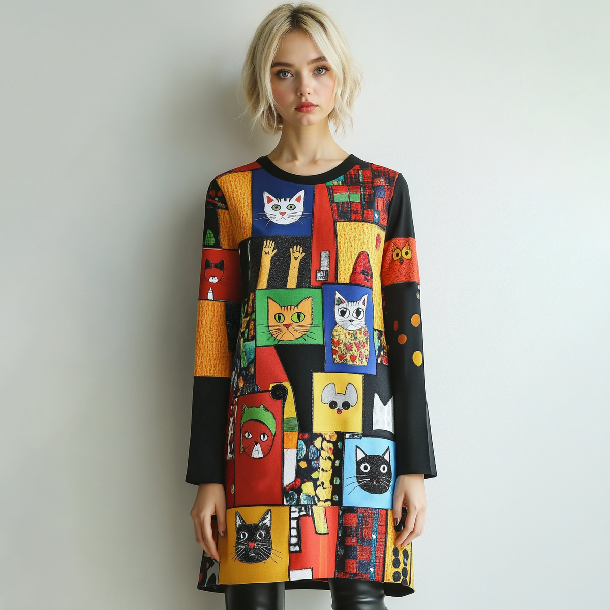 Pop Art Cat Patchwork Pattern Design Midi Dress elevenforest