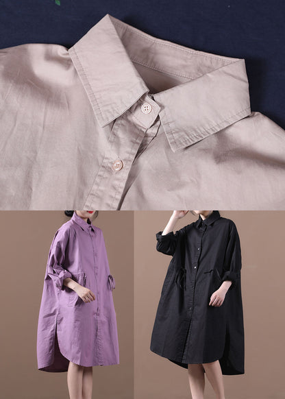 Purple Peter Pan Collar Button Cotton Shirt Dresses Long Sleeve