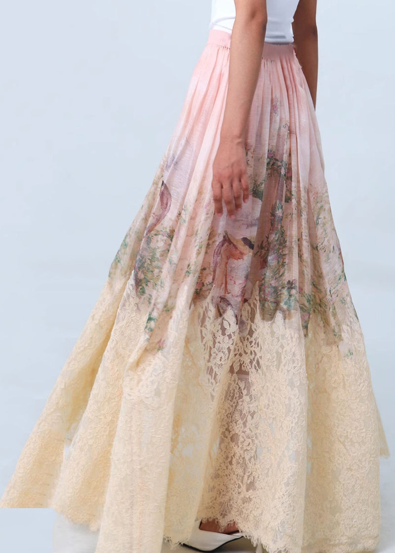 Pink Print Wrinkled Patchwork Lace Skirts Spring