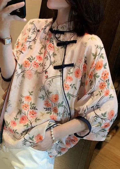 Pink Print Button Side Open Chiffon Shirt Bracelet Sleeve