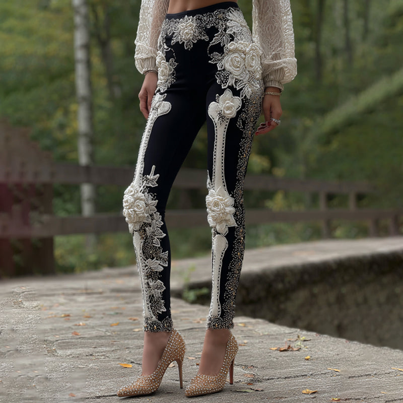 Vintage Halloween Skeleton Bones With Rose Art Leggings artswardrobe