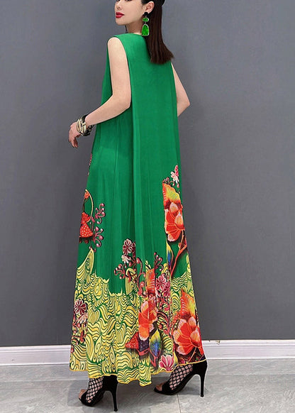 Green Print Chiffon Long Vacation Dresses Summer