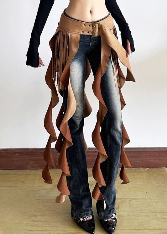 Brown Patchwork Wavy Line Tassel Ribbon Sashes Skirt