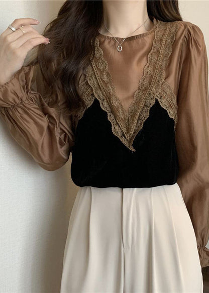 Khaki Patchwork Lace Silk Velour Shirt Top O-neck Lantern Sleeve